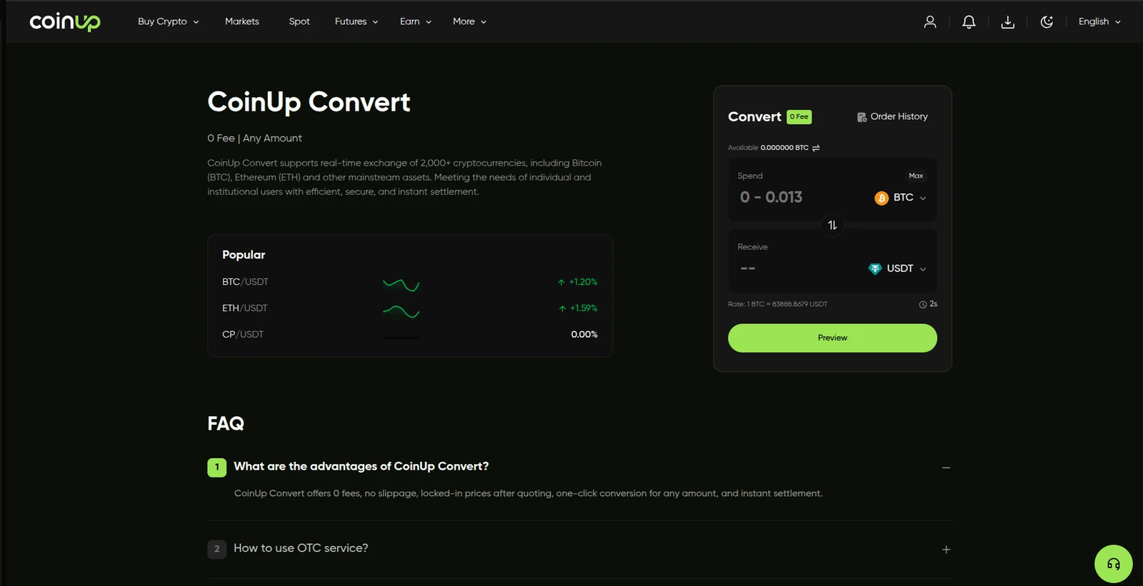 CoinUp coin convert screen with the from and to currency selectors, amount field and conversion rate