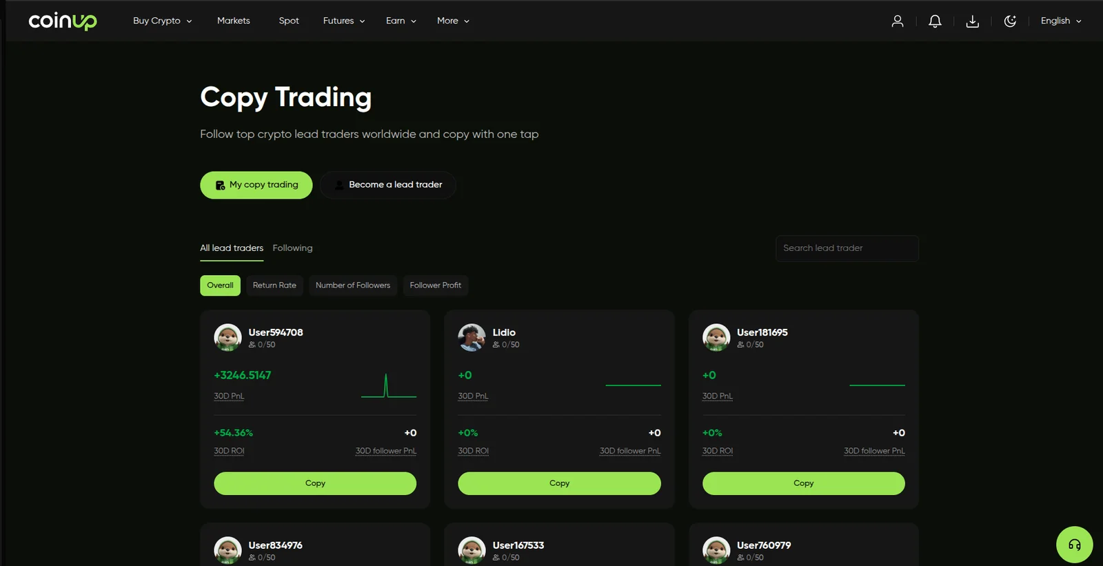 CoinUp copy trading screen showing traders to follow with their return, risk level and copied positions