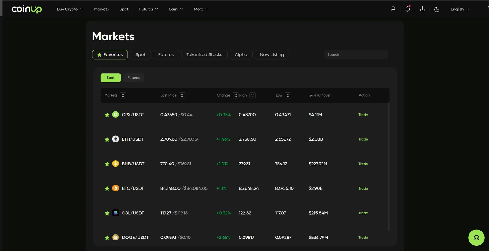 CoinUp markets screen listing trading pairs with prices, 24h change and market volume