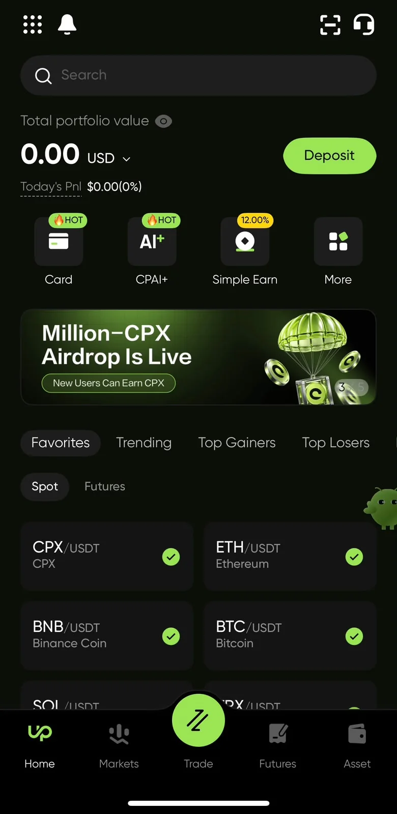CoinUp mobile app account dashboard with balances, positions and recent activity