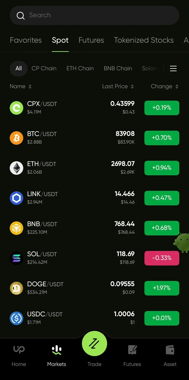 CoinUp mobile app spot trading screen for a single market with the buy and sell panel