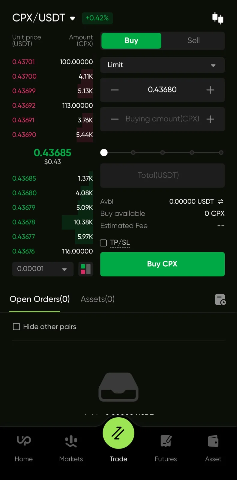 CoinUp mobile app trade screen with the order ticket, open orders and position details