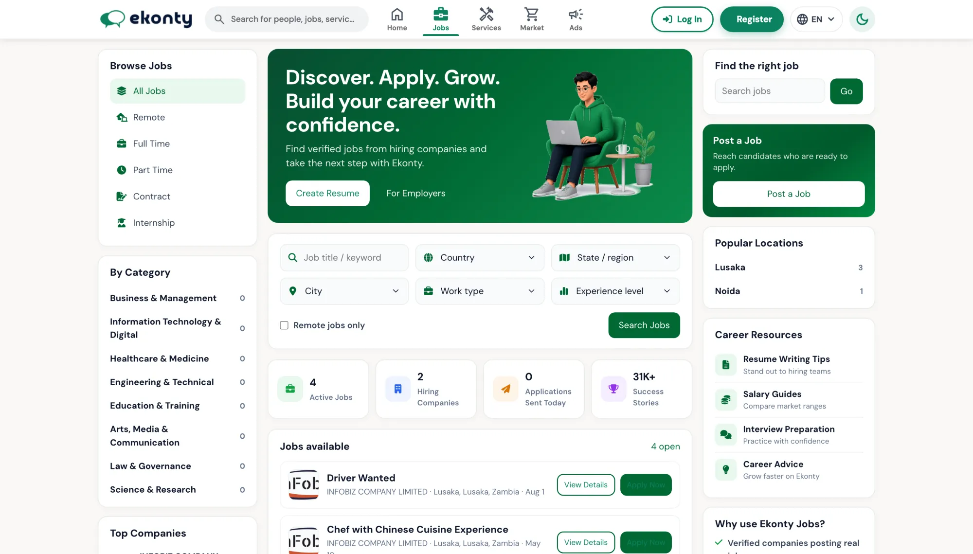 Ekonty jobs board with category filters, featured listings and employer actions