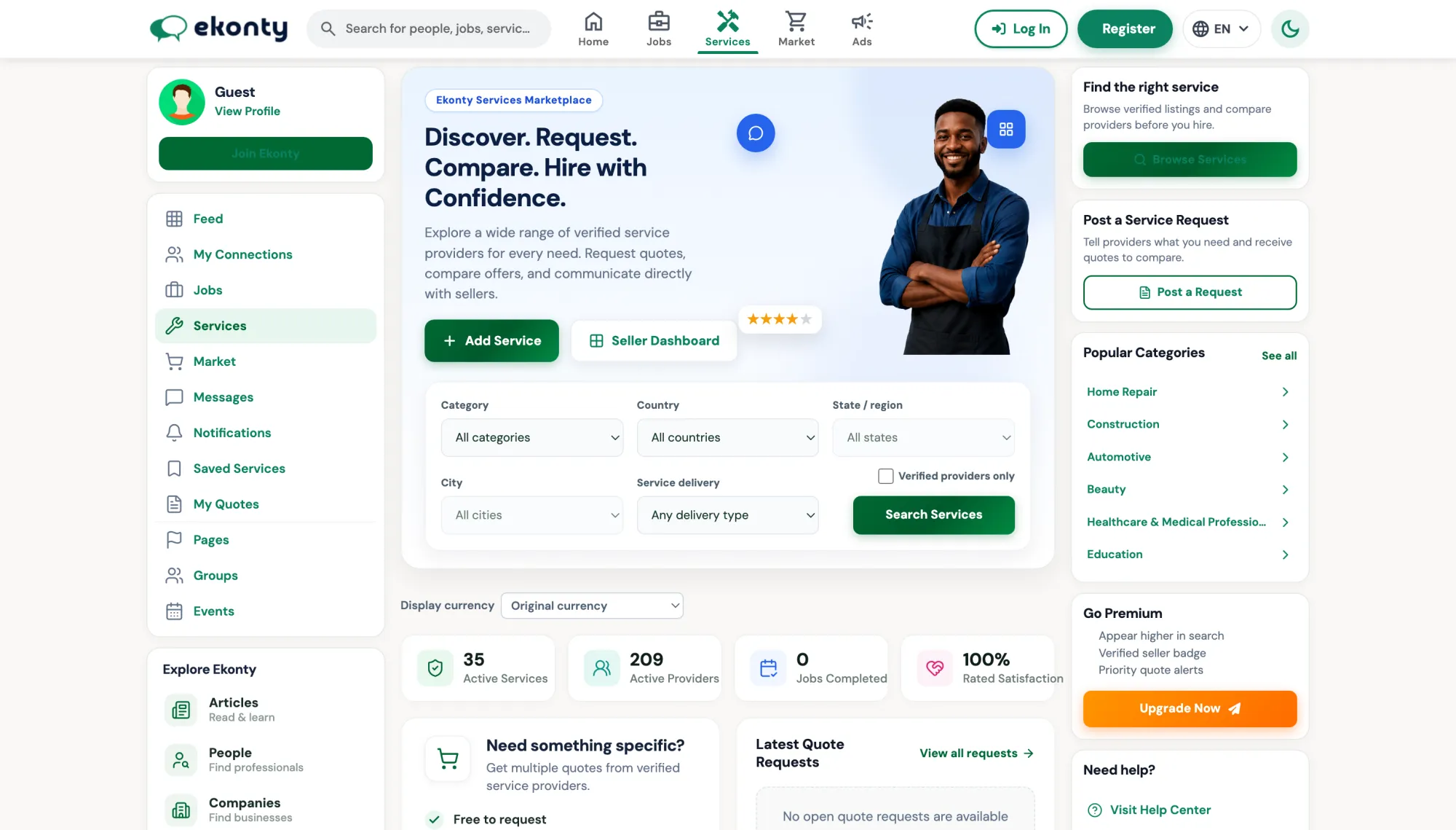 Ekonty services marketplace showing the platform navigation, provider filters and live activity counters