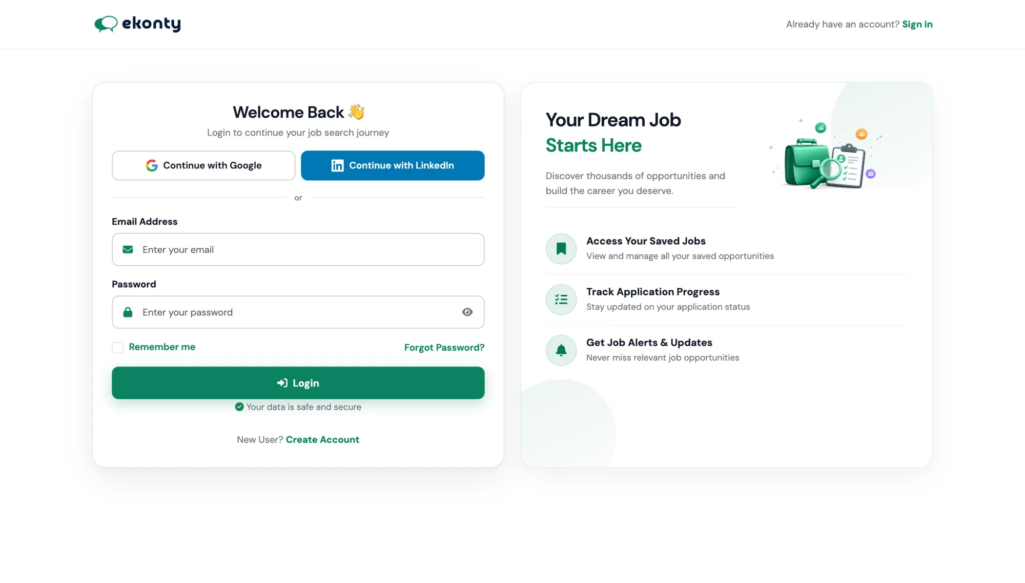 Ekonty sign-in screen with social login and saved-jobs onboarding