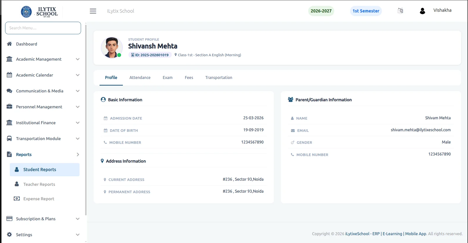 iLytix School ERP student report screen showing grades, attendance and academic performance