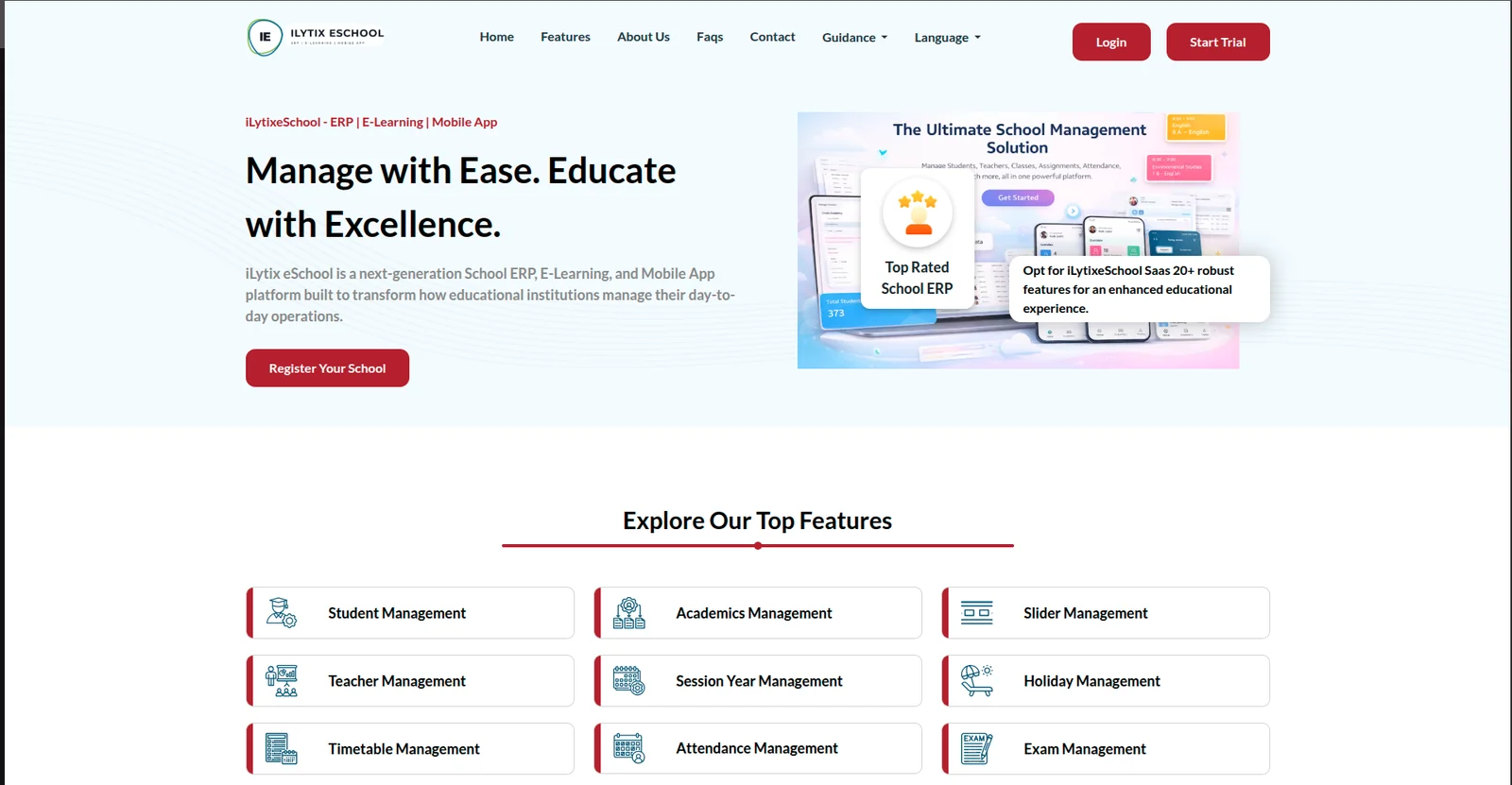 iLytix School ERP landing page with modules, features and call to action for schools