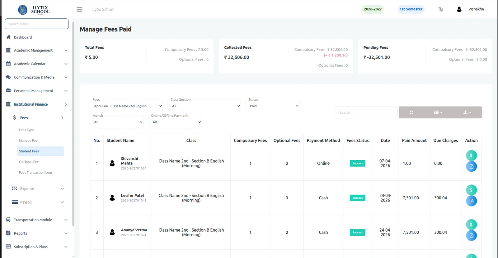 iLytix School ERP fee management screen listing fee structures, dues and payment status