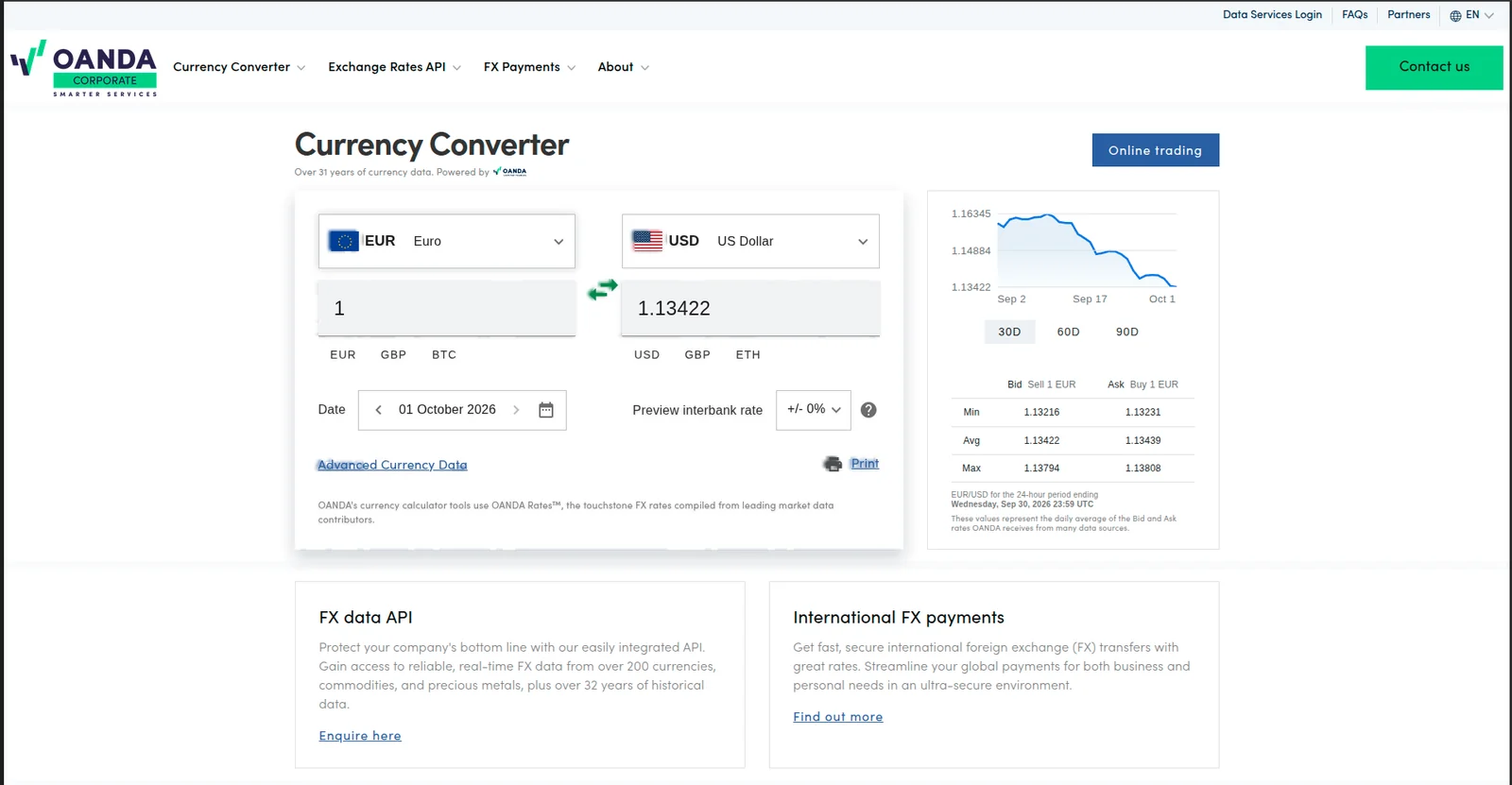 OANDA Converter landing page with the currency conversion tool and exchange rate entry points OANDA Converter landing page with the currency conversion tool and exchange rate entry points