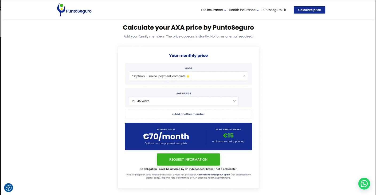 PuntoSeguro quote screen calculating a premium for an AXA policy with coverage inputs