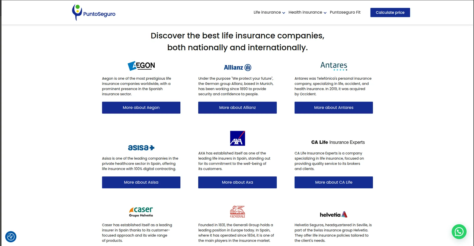 PuntoSeguro insurance companies listing with provider names, ratings and coverage details
